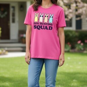 Women’s Easter egg hunting squad pink bunny rabbit tee